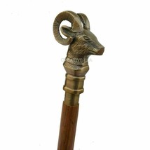 Antique Brass Goat Head Handle Victorian Style Wooden Walking Stick Vintage Cane - £30.84 GBP