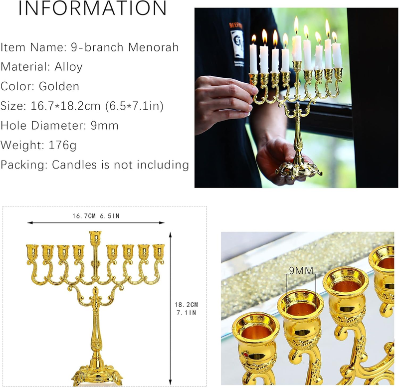 Hanukkah Menorah 9 Branch Gold Plated Jewish Menorahs for Chanukah Candle Holder Item image 3