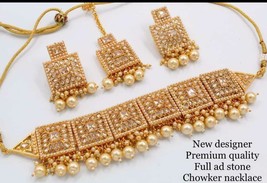 Bollywood Gold Plated Jewelry Indian CZ Kundan Choker Bridal Necklace Set - £22.50 GBP