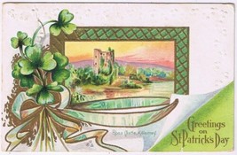 Postcard Embossed Greetings On St Patrick&#39;s Day Ross Castle Kilarney Clover - £3.15 GBP
