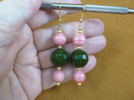 ee490-3) 10mm Pink Rhodochrosite + green Jade gemstone gold tone dangle earrings - £18.39 GBP