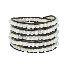 Native Chic White Pearl on Genuine Brown Leather Wrap Bracelet - £21.89 GBP