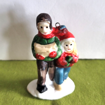 Mini Christmas Village Accessory/Ornament Boy and Girl with Gifts Porcelain - £5.42 GBP