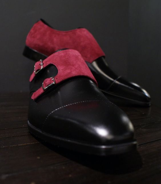 Men Black Maroon Cont Monk Double Buckle Straps Cap Toe Leather Shoes US 7-16
