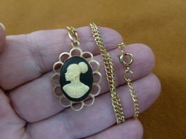 CA30-93 RARE African American LADY black + ivory CAMEO brass Pendant necklace - £19.85 GBP