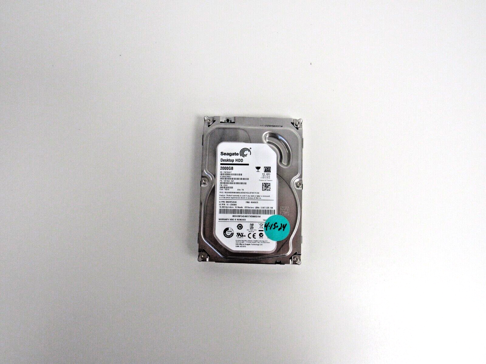 Primary image for Lenovo 45K0625 Seagate ST2000DM001 2TB 7.2k SATA 6Gbps 64MB Cache 3.5" HDD  27-4