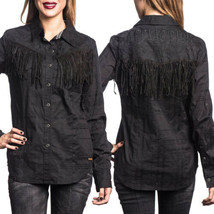 Affliction Rock Fringe Rhinestones Women Long Sleeve Button Up Shirt Black XS-XL - £66.80 GBP