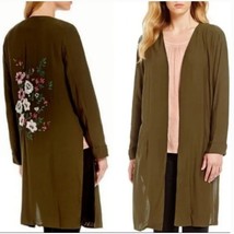 Gibson Latimer Olive Green Floral Embroidered  Kimono Jacket Duster Coat Size S - £23.26 GBP
