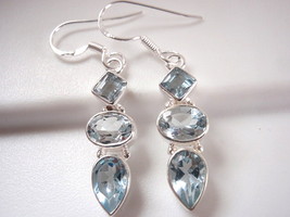 Faceted Blue Topaz 3-Gem 925 Sterling Silver Dangle Earrings Square Teardrop - £28.18 GBP
