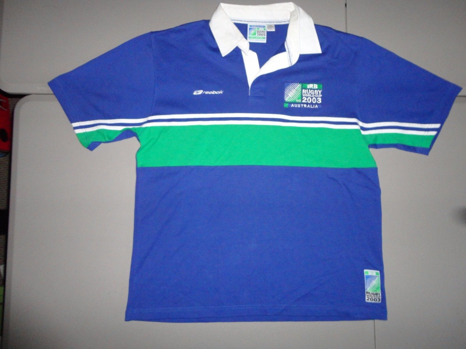 Australia 2003 IRB Rugby World Cup Blue & Green Stripe Reebok Polo Shirt Men L - $37.96