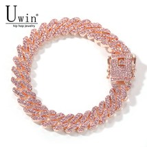 Uwin S-Link Miami 12mm Rose Gold Cuban Bracelet Pink Rhinestone Alloy Frozen Hip - $26.27