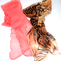 Vintage Lot of 2 Scarves Plain Coral and Brown Gold Animal Print Wavy 6 ... - $9.89