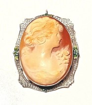 Antique Victorian Estate 14K White Gold Filigree Shell Cameo Pin Pendant Enamel - £508.41 GBP