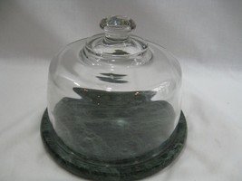 Green Marble Cheese Tray with Glass Dome Cover Cloche Dutch Garden Plate - £15.40 GBP