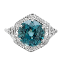 14k White Gold Filigree 3.70 Carat Teal Blue Genuine Natural Zircon Ring #J6922 - $1,311.75