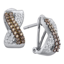 14k White Gold Womens Round Brown Color Enhanced Diamond Crossover Hoop Earrings - £527.57 GBP