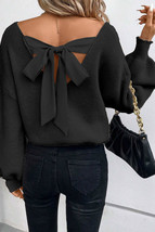 Black Lantern Sleeve V Neck Knot Back Sweater - $48.99