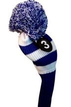 Tour #3 Fairway Metal Wood Blue &amp; White Golf Headcover Knit Pom Head Cover - £19.50 GBP