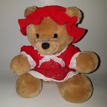 VTG Dakin 1986 Brown Teddy Bear Plush 10&quot; Red Christmas Dress Glasses Grandma - £11.88 GBP