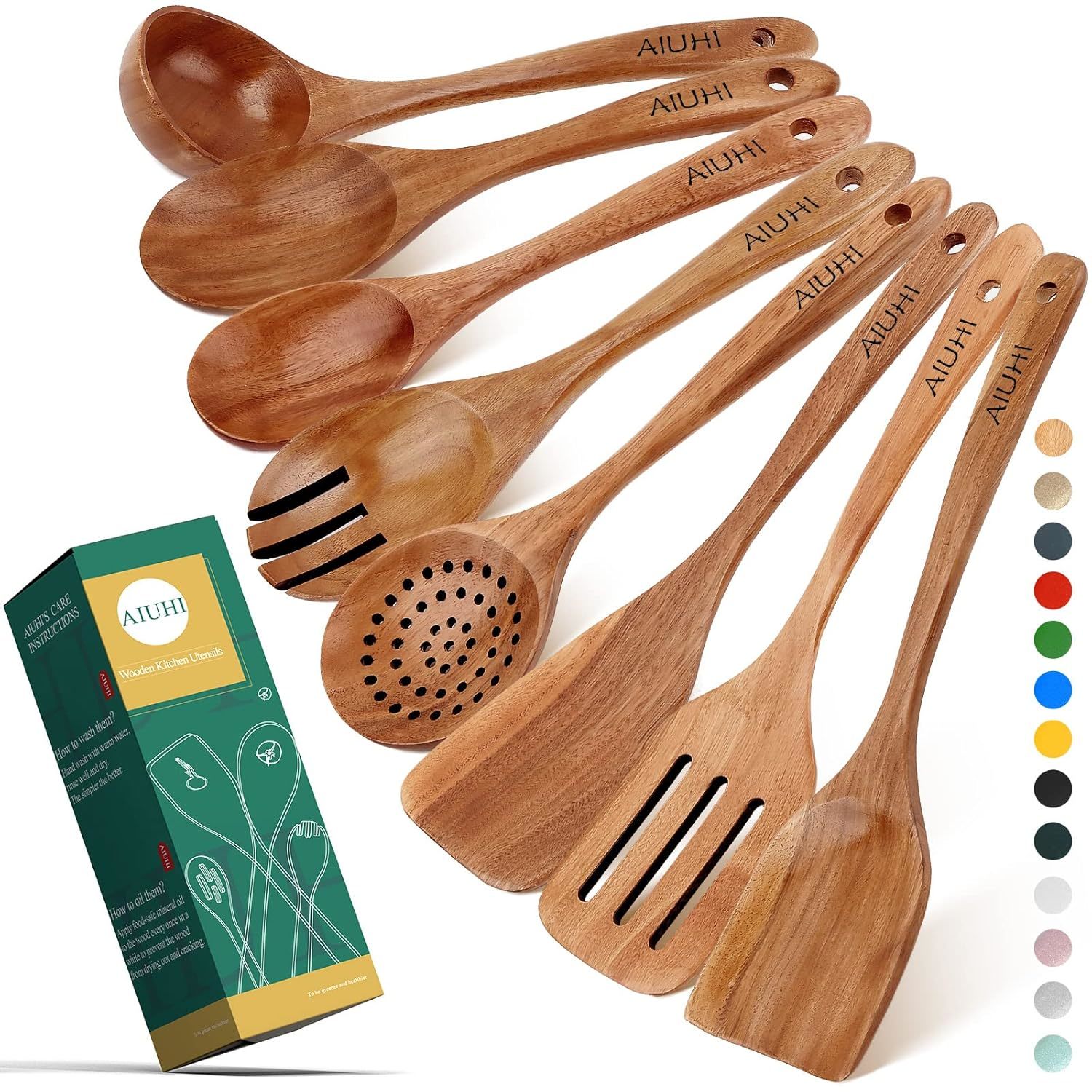 Wooden Spoons For Cooking,Nonstick Kitchen Utensil Set, Non Scratch Natural Teak