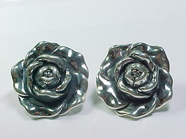 DESIGNER Dimensional ROSE STERLING EARRINGS - 1 1/4 inches and 13 grams heavy - £59.81 GBP