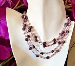 Art Deco Amethyst Color Molded Flower Glass Beads Flapper Necklace 54&quot; Antique - £38.03 GBP