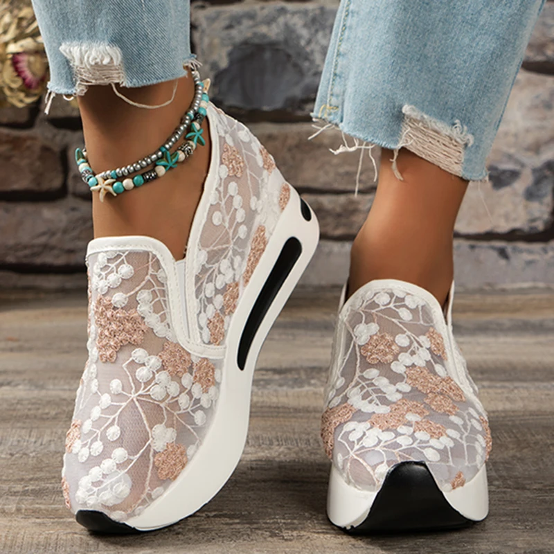 Embroidery Thick Platform Loafers Shoes for Women Summer Breathable Mesh Sneaker - £21.75 GBP