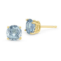 0.50 Ct 5mm 14K Yellow Gold Blue Aquamarine Round Shape Stud Push Back Earrings - £41.95 GBP