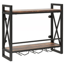 Wall Mounted Wine Rack with 2-Tier Shelves and 3 Glass Holders - Color: Rustic B - $102.99