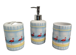 Flamingos On Beach Ceramic Bath Set Dispenser Toothbrush Holder Tumbler ... - $26.97