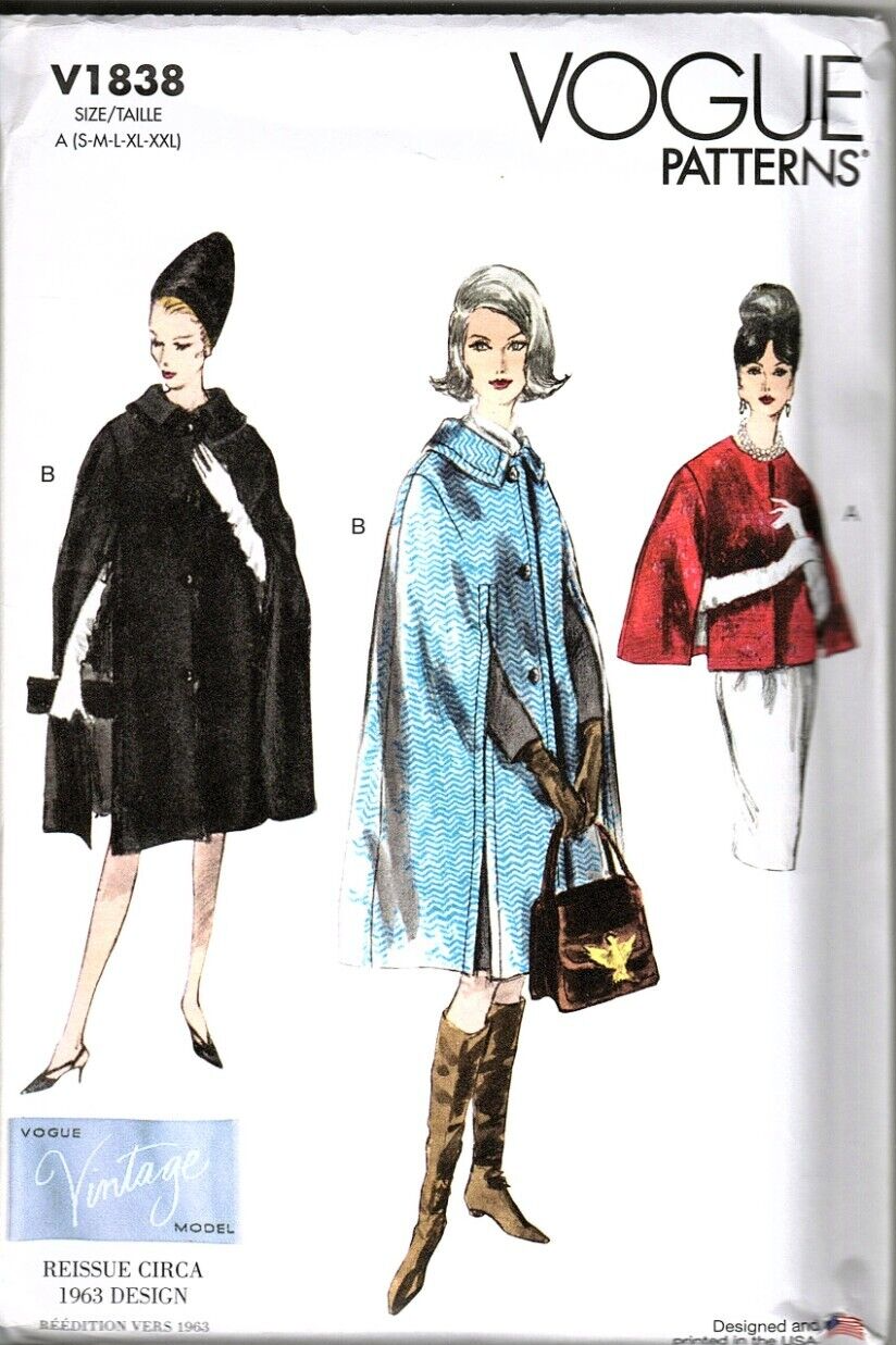 Vogue V1838 Misses S to XXL Lined Capes Reissue Circa 1963 Uncut Sewing Pattern - £18.47 GBP