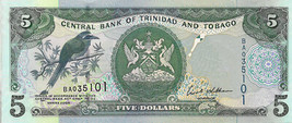 Trinidad &amp; Tobago P47, $5, Mot Mot Bird / women w/ wicker baskets at mar... - $1.99