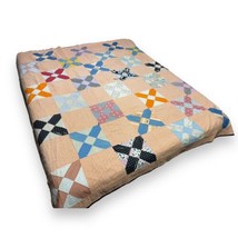 Vtg Distressed Multicolor X Marks the Spot Quilt Hand Sewn Orange Calico 68x78” - £76.99 GBP