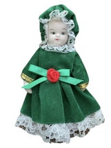 Vintage Miniature Ceramic Doll Christmas Ornament In Green Velvet &amp; Lace Dress - £9.33 GBP