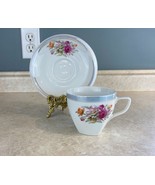 Japan Tea Cup And Saucer Set Gray Gold Trim w/Flowers - $14.61 CAD