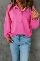 Bright Pink Vintage Mineral Wash Half Button Collared Sweatshirt - £45.43 GBP