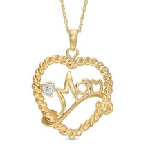 14K Yellow Gold Plated 0.03Ct Diamond Accent &quot;Mom&quot; Love Heart Pendant Necklace - £96.52 GBP