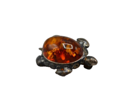 Sterling Silver Turtle Pin Brooch w/ Stone Shell Amber 925 Stamp 3.75g Vtg 1&quot; - £34.96 GBP