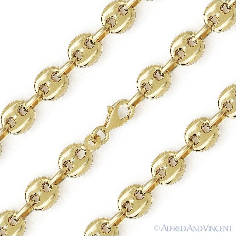 Primary image for 8mm Puff Mariner Gucci Link 925 Sterling Silver 14k Y Gold-Plated Chain Bracelet