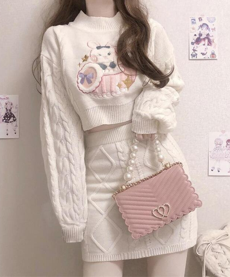 Bunny Heart Knit Crop Top Skirt Set - $49.99