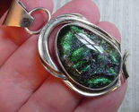 (#D-239) DICHROIC Fused GLASS SILVER Pendant GREEN PURPLE BLUE - $24.90