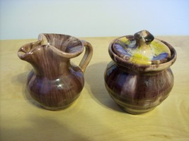 Williamsburg Hand Made Pottery Multi Color Small Pitcher and Sugar Bowl - £19.66 GBP