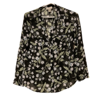 Loft Outlet Women Popover Top Black Floral Long Sleeve Sheer Round Hem Petite SP - £11.66 GBP