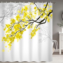 Leaf , Yellow And Grey Leaves Tree Branch Art Printing, Polyester Fabric Bath Cu - £22.35 GBP