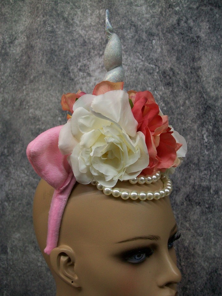 Fancy Unicorn Horn Flower Crown Headband w/ Ears Pearl Strands Fantasy Magical Item image 11