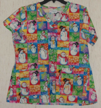 Excellent Womens Peaches Sparkly Snowman Novelty Print Scrubs Top Size L - £18.43 GBP
