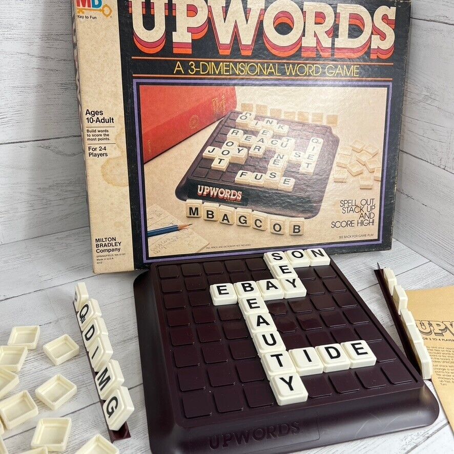 Vtg Milton Bradley Upwords 3D Word Builder Board Game Spell Out Stack Up Score - $42.99