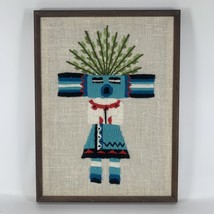 Vintage MCM Crewel Needlepoint Southwest Native American Kachina Wall Art Framed - £50.76 GBP