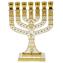 7 Branched Candle Holder Hanukkah Menorah White &amp; Gold Pewter from Jerus... - $25.23 CAD