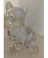 Fenton Opalescent Translucent Cat Figurine White Clear Pink Flowers Hand... - €54,03 EUR